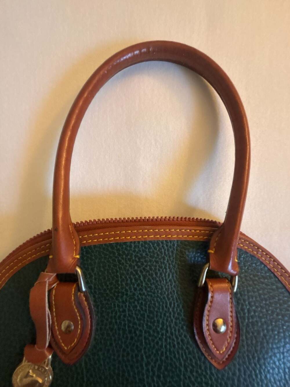 Vintage Dooney & Bourke All-Weather Leather Dome Satchel Bag Green and Tan - Picture 9 of 10
